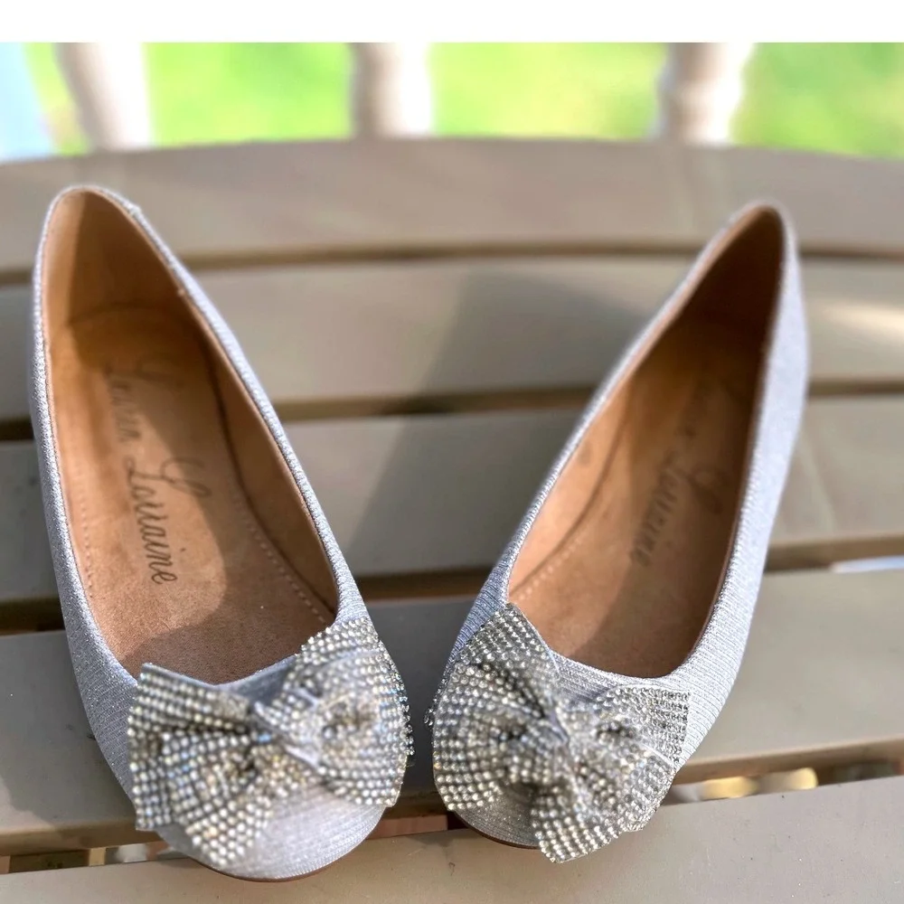 Lauren Lorraine Silver Glitter Rhinestone Bow Ballet Flats  Kids Size 10.5 NWB‎